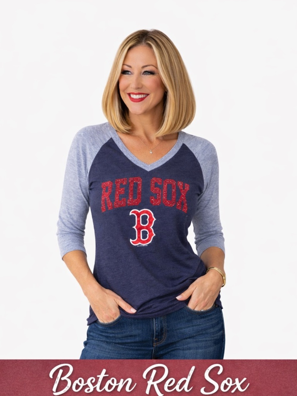 Boston Red Sox Rhinestone V-Neck Raglan Tee Size Small half sleeve - Picture 2 of 4